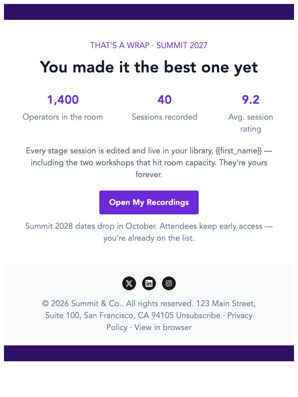 Conference — Recordings + Thanks email template preview