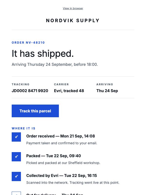 Your Order Is On Its Way — Shipment Confirmation email template preview